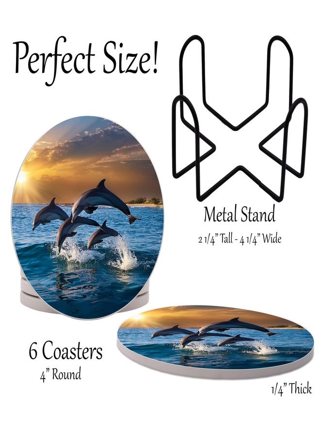 DAJDC Dolphin Jumping Ocean Coastal Round Coasters Set of 6 - Abosrbent Ceramic with Metal Stand for Drinks, Coffee, Non-Slip Cork Back for Tabletop Protection, 4 Inches (Sunset) - Image 2